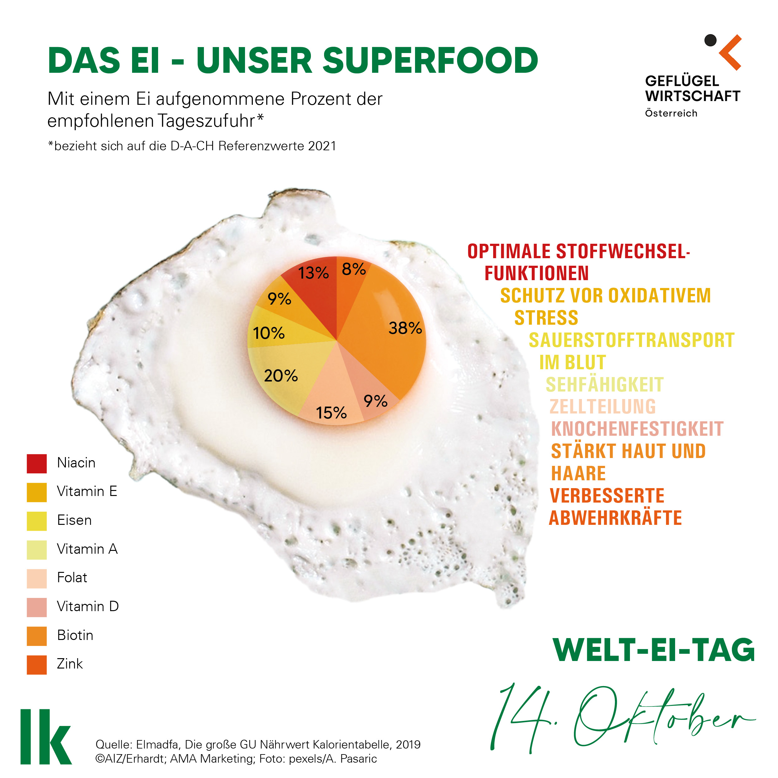 Das Ei - unser Superfood. Mit einem Ei aufgenommen Prozente der empfohlenen Tageszufuhr: 38% Zink, 15% Folat, 20% Vitamin Am 13% Niacin